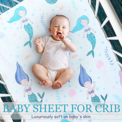Close-up of Cloele mermaids crib sheet highlighting soft polyester texture