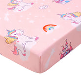 Cloele Unicorns fitted crib sheet with pink castle design for cozy naps