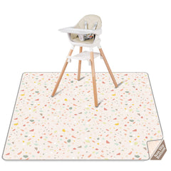 CLYMENE Splat Mat under high chair protects floors during meals, Terrazzo Treasure style.