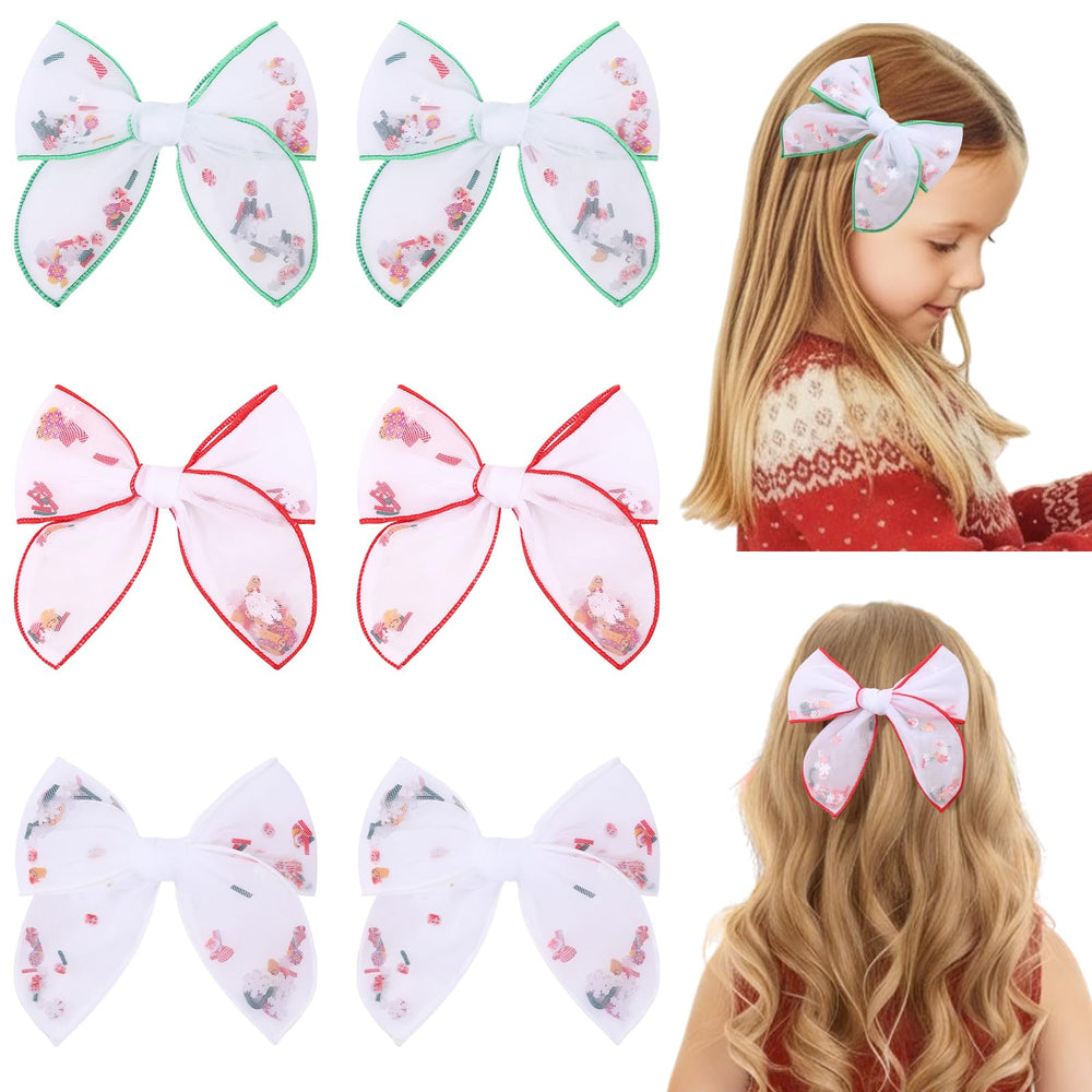 CN 6pcs tulle Christmas hair bows with snowflakes add festive flair for girls.