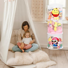 Coastal Rose foldable mesh hammock for easy, space-saving toy storage.