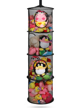 Coastal Rose hanging stuffed animal storage side view with visible mesh compartments for easy access.