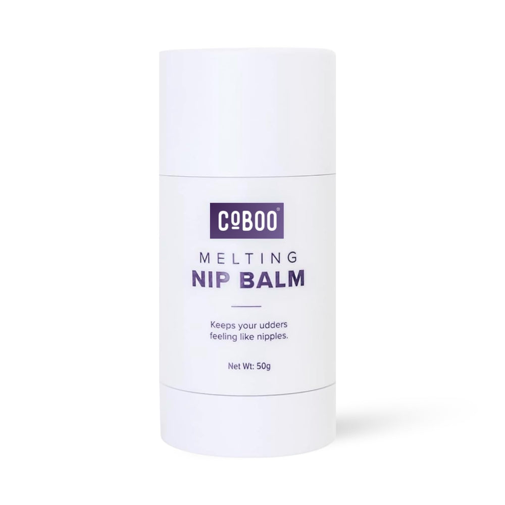 CoBoo Melting Nip Balm packaging closeup shows baby-safe formula for sensitive nipples.