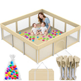 Coilace foldable large playpen beige front view for a safe, roomy baby play space.