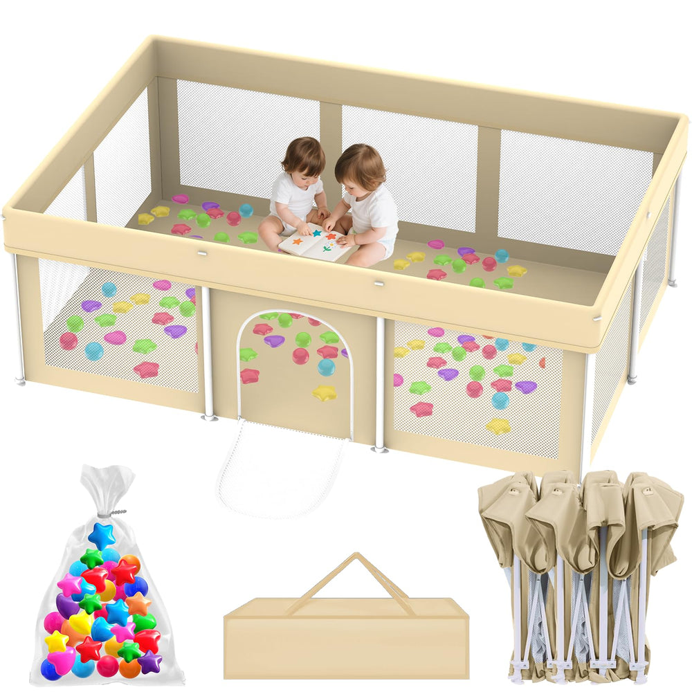 Coilace foldable playpen beige folded compactly for travel and storage.