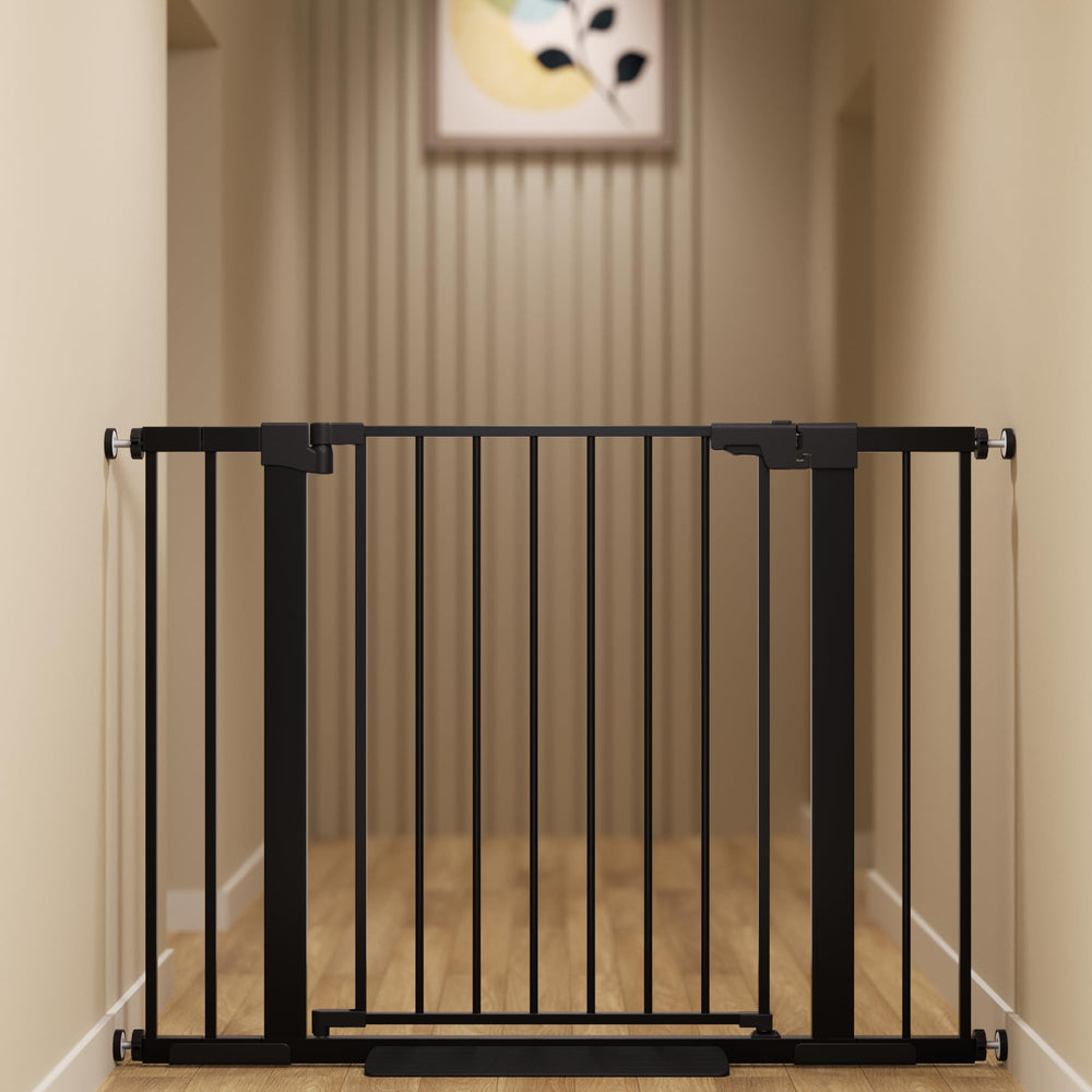 Colbabe gate shows one-hand operation for easy doorway access and hands-free use