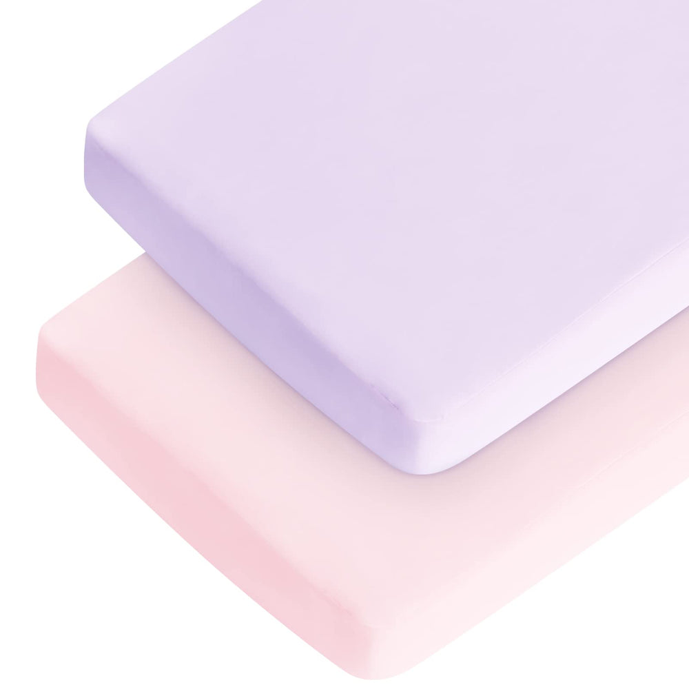 Coldwind crib sheets pink violet front view showing snug fit and ultra-soft touch