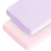 Coldwind crib sheets pink violet front view showing snug fit and ultra-soft touch