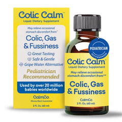 Colic Calm infant gripe water bottle aiding quick baby gas relief session.