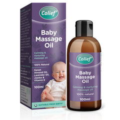 Colief Baby Massage Oil bottle shown with hands for a gentle, soothing massage.