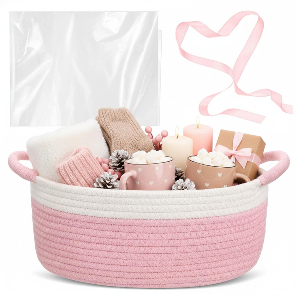 Colingmill Christmas woven gift basket close-up shows durable pink cotton rope.
