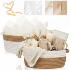 Colingmill gift basket white front view shows durable cotton rope for elegant gifting.