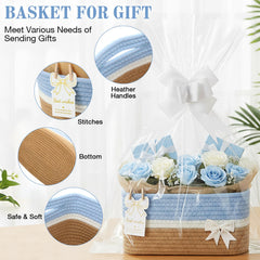 Colingmill blue woven basket with packaging contents including tissue and ribbon