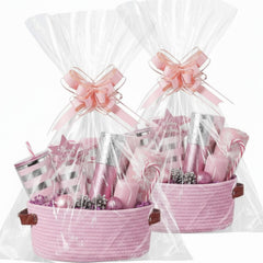Colingmill pink woven Christmas basket with handle, ideal for gift presentation.