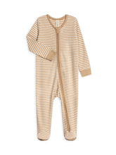 Colored Organics baby zip-up sleeper front view in clay stripe, soft organic cotton for delicate skin