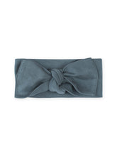 Colored Organics Hattie bow wrap headband Harbor closeup shows soft organic cotton comfort