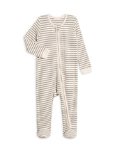 Colored Organics KENDI sleeper olive stripe front view for soft organic cotton warmth.