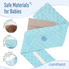 Comfheat adjustable tummy wrap with Velcro secures gently around baby waist.