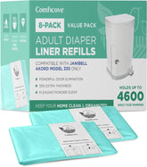 COMFICOVE 8-pack adult diaper liner refills in a compact roll for hygienic disposal.