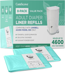 COMFICOVE 8-pack adult diaper liner refills in a compact roll for hygienic disposal.