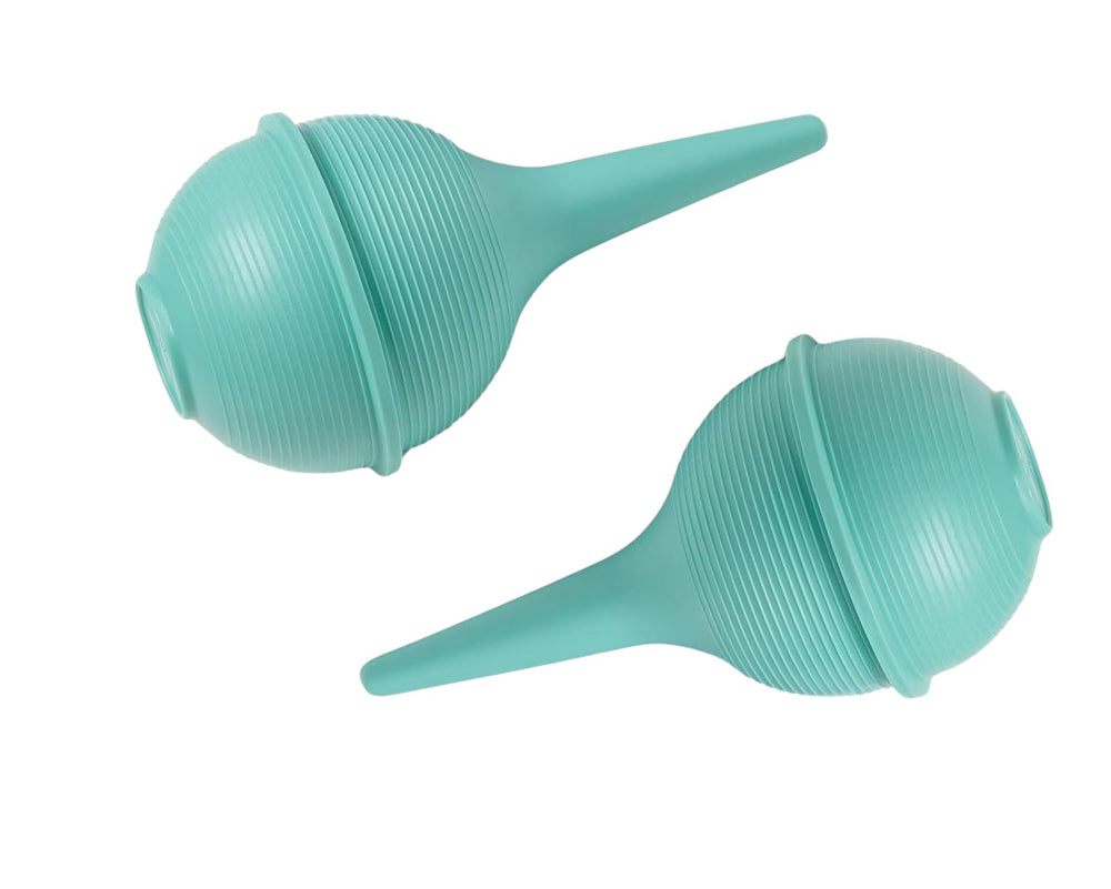 Comfort Axis baby nasal aspirator green bulb closeup shows ribbed grip for secure use.
