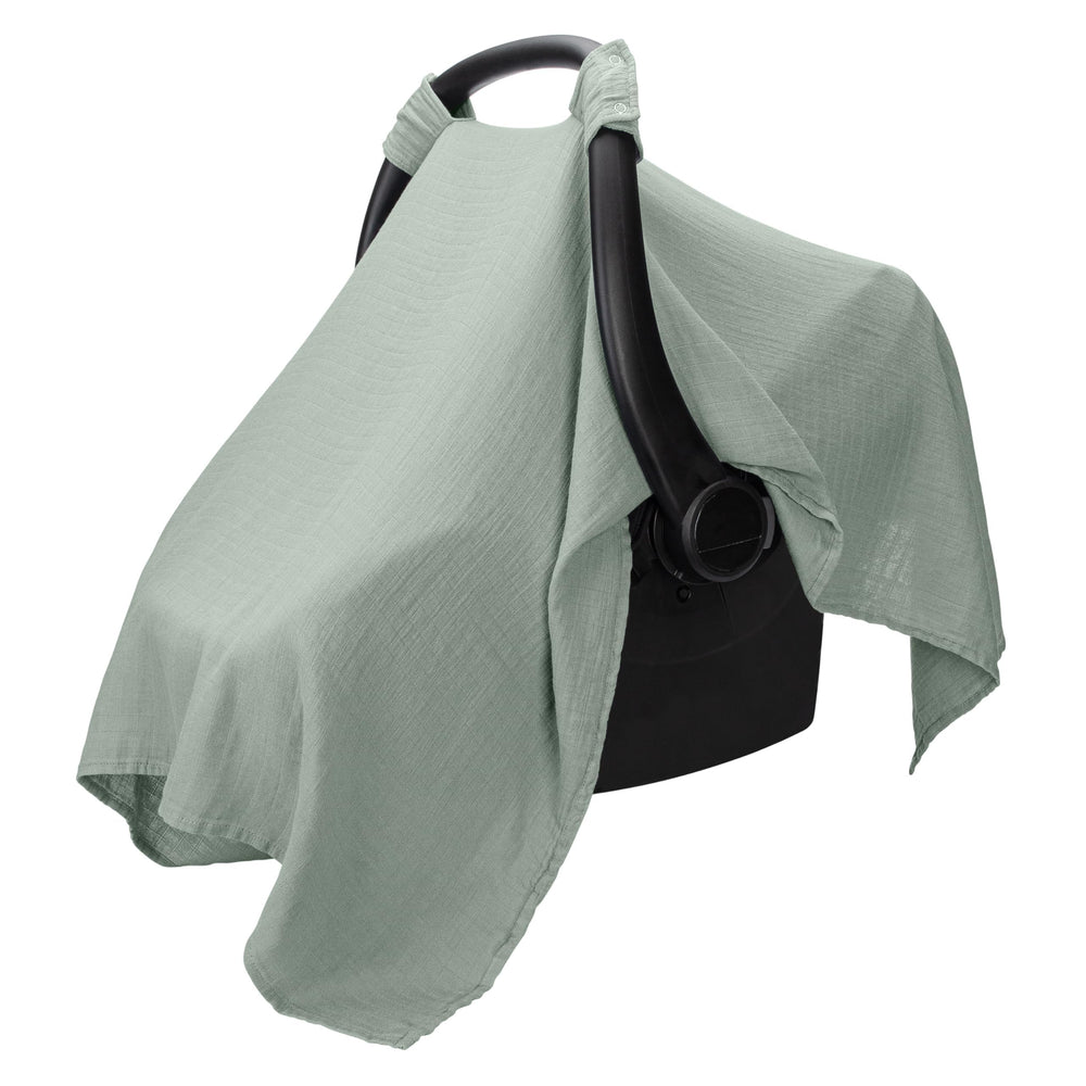 Comfy Cubs baby car seat cover shows soft breathable bamboo rayon muslin for comfy rides.