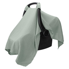 Comfy Cubs baby car seat cover shows soft breathable bamboo rayon muslin for comfy rides.