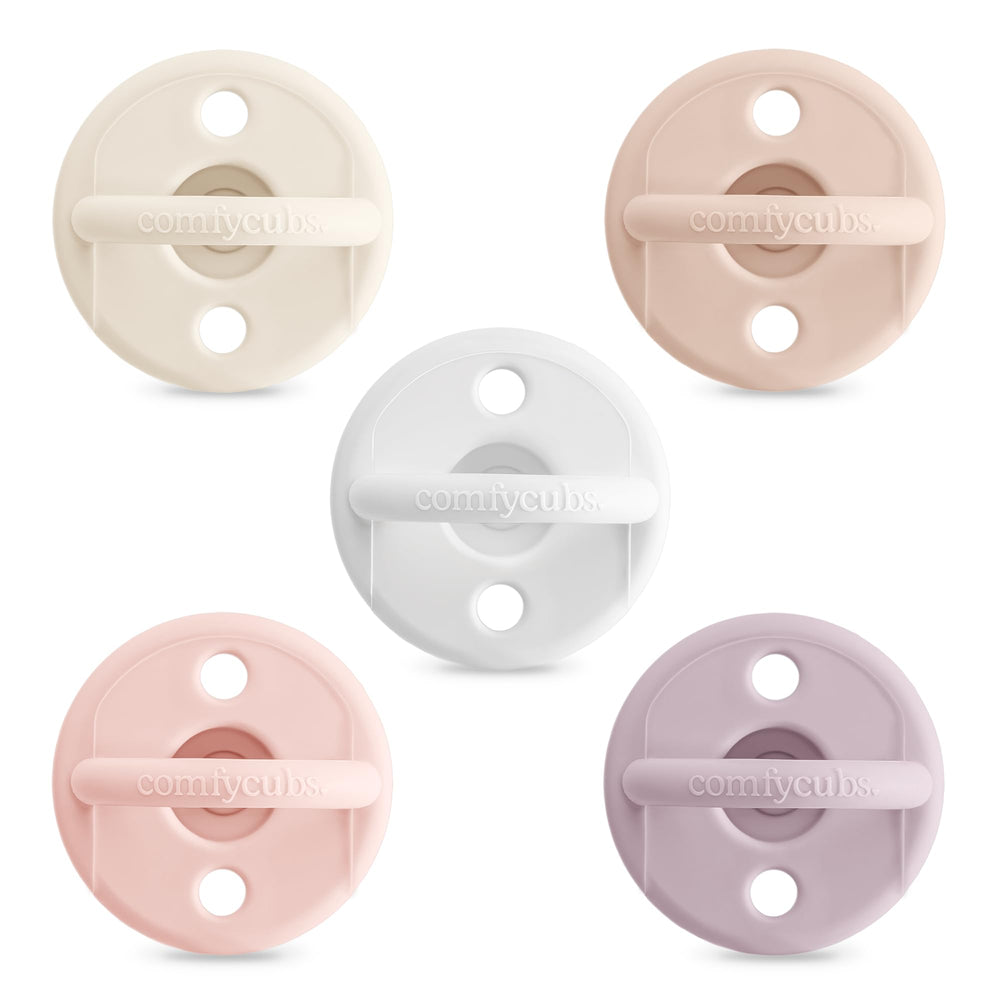 Comfy Cubs baby pacifiers 5-pack in colors for newborn comfort and coordination