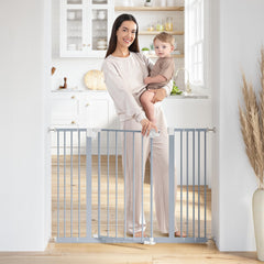Comfy Cubs baby safety gate front view shows Pacific Blue for secure doorways