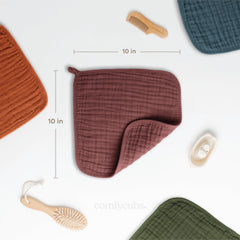 Comfy Cubs 10x10 flatlay shows large washcloths ideal for full-body cleanup.