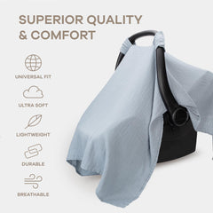 Comfy Cubs universal-fit car seat cover demonstrates full-coverage protection on outings