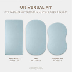 Comfy Cubs bassinet sheet with secure elastic edge — snug fit for safe sleep surface.