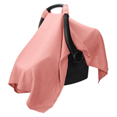 Comfy Cubs car seat cover in dusty rose offers soft rayon-muslin breathability for baby comfort
