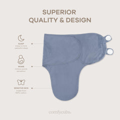 Comfy Cubs Easy Swaddle Azul pack features adjustable Velcro for snug, secure sleep