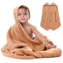 Comfy Cubs hooded towel 6-layer muslin closeup highlights durable softness after bath.