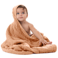 Comfy Cubs hooded towel caramel close-up shows soft muslin cotton for gentle drying