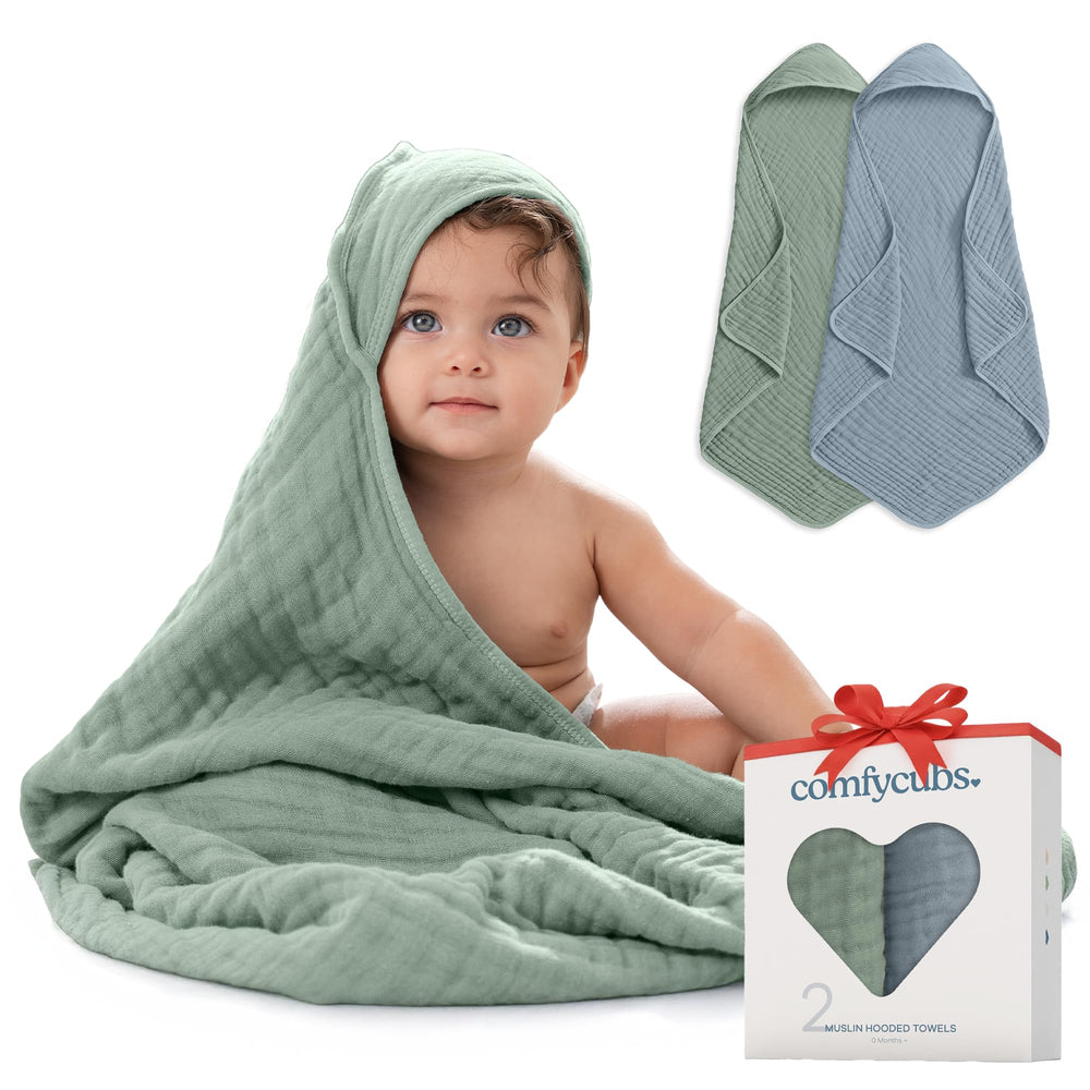 Comfy Cubs hooded towel pair, unisex design ideal for family bath time.