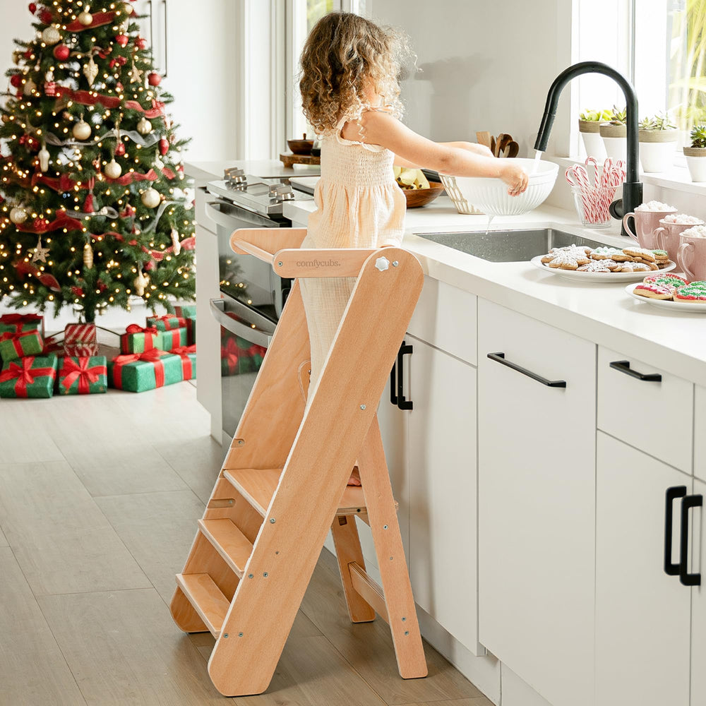 Comfy Cubs kids step stool provides three height levels for growing independence at sinks and counters.