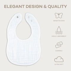 Comfy Cubs muslin bib flatlay highlights absorbent layers for spill and drool protection.