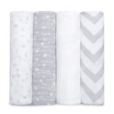 Comfy Cubs muslin swaddle blankets 4-pack folded view for gentle, breathable baby comfort.