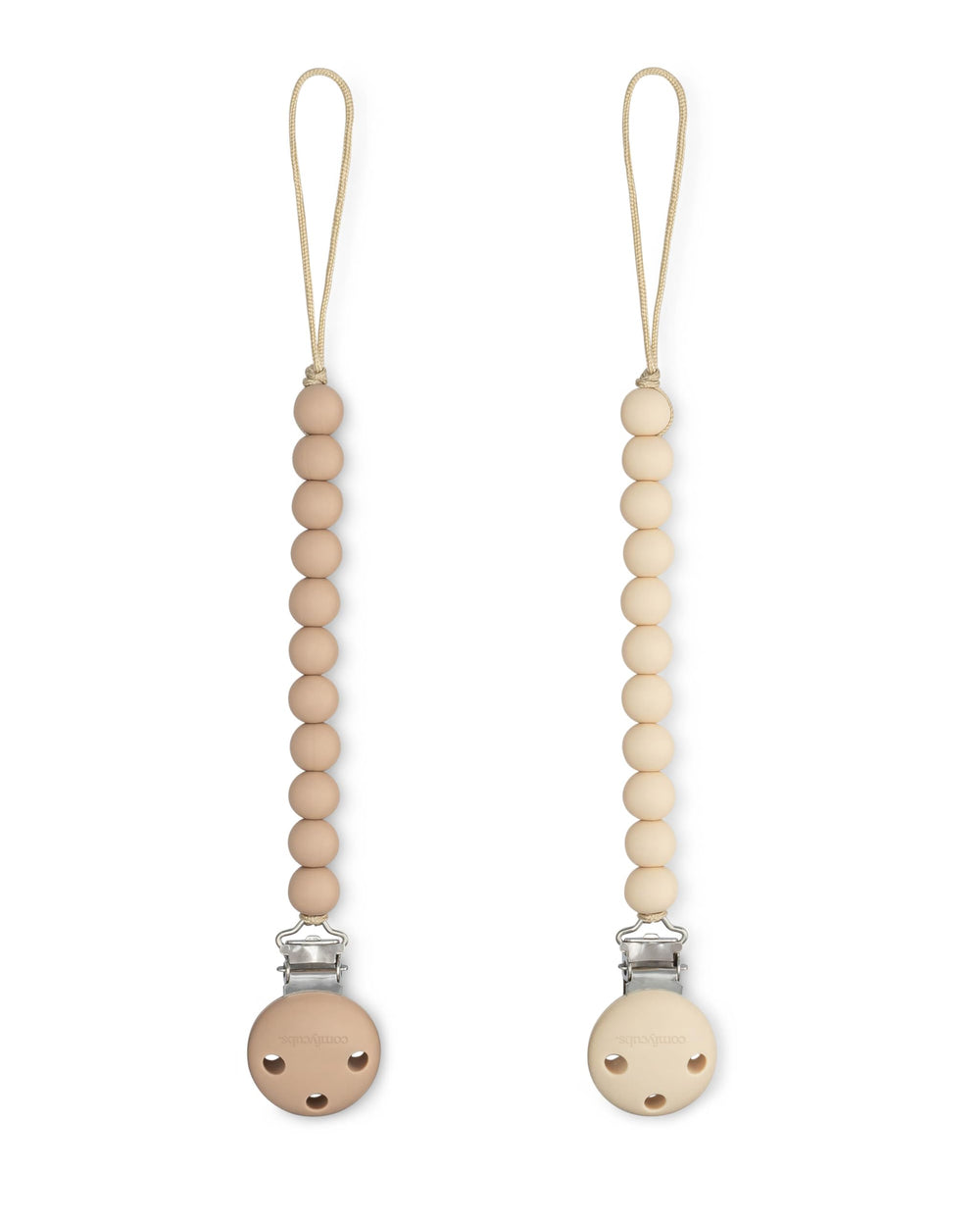 Comfy Cubs pacifier clip beige close-up showing secure silicone grip for on-the-go safety