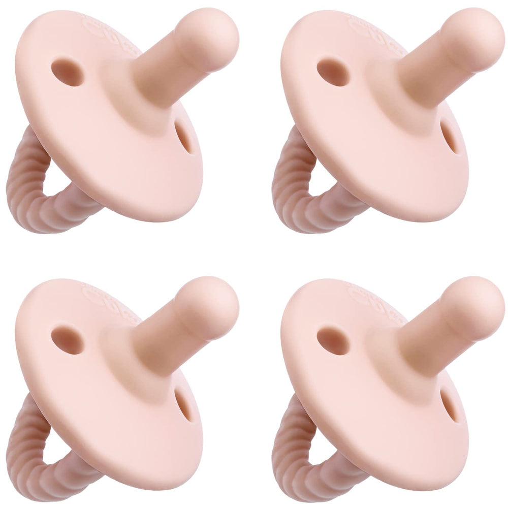 Comfy Cubs pacifiers 4-pack pink front view illustrating stage-2 breast-like design for soothing moments.