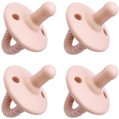 Comfy Cubs pacifiers 4-pack pink front view illustrating stage-2 breast-like design for soothing moments.