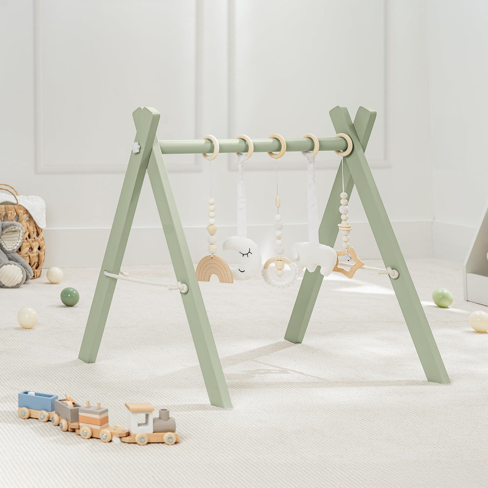 Comfy Cubs play gym front view with natural finish shows inviting, safe baby space.