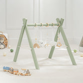 Comfy Cubs play gym front view with natural finish shows inviting, safe baby space.