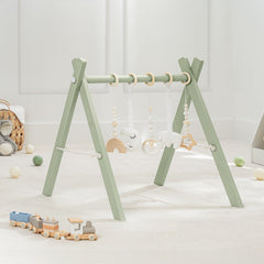 Comfy Cubs play gym front view with natural finish shows inviting, safe baby space.