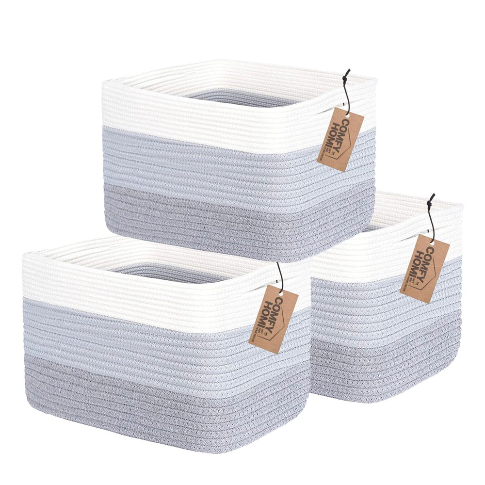COMFY-HOMI 3Pack cotton rope baskets full set in white and grey for tidy nursery storage.