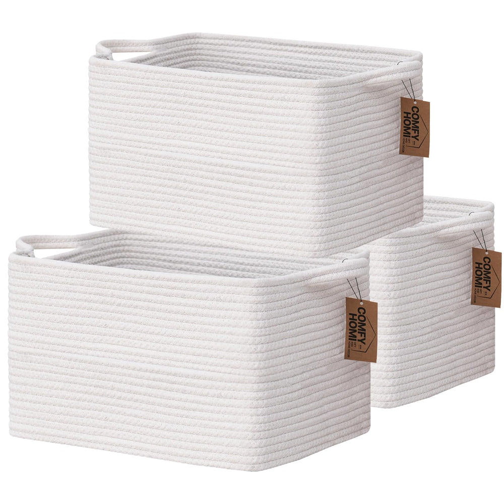 COMFY-HOMI cotton rope basket in living room helping keep toys organized and furniture safe.