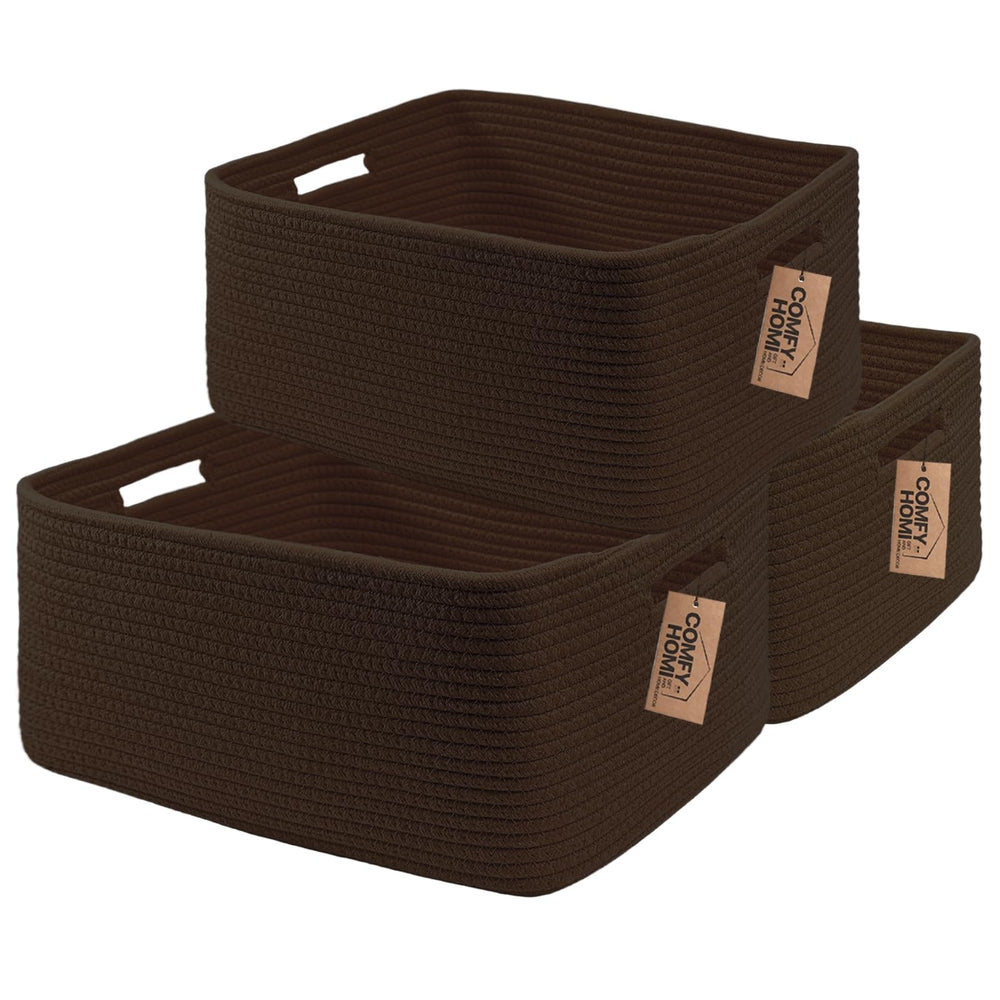 COMFY-HOMI 3pc large storage baskets on a shelf showing woven texture for organized spaces.
