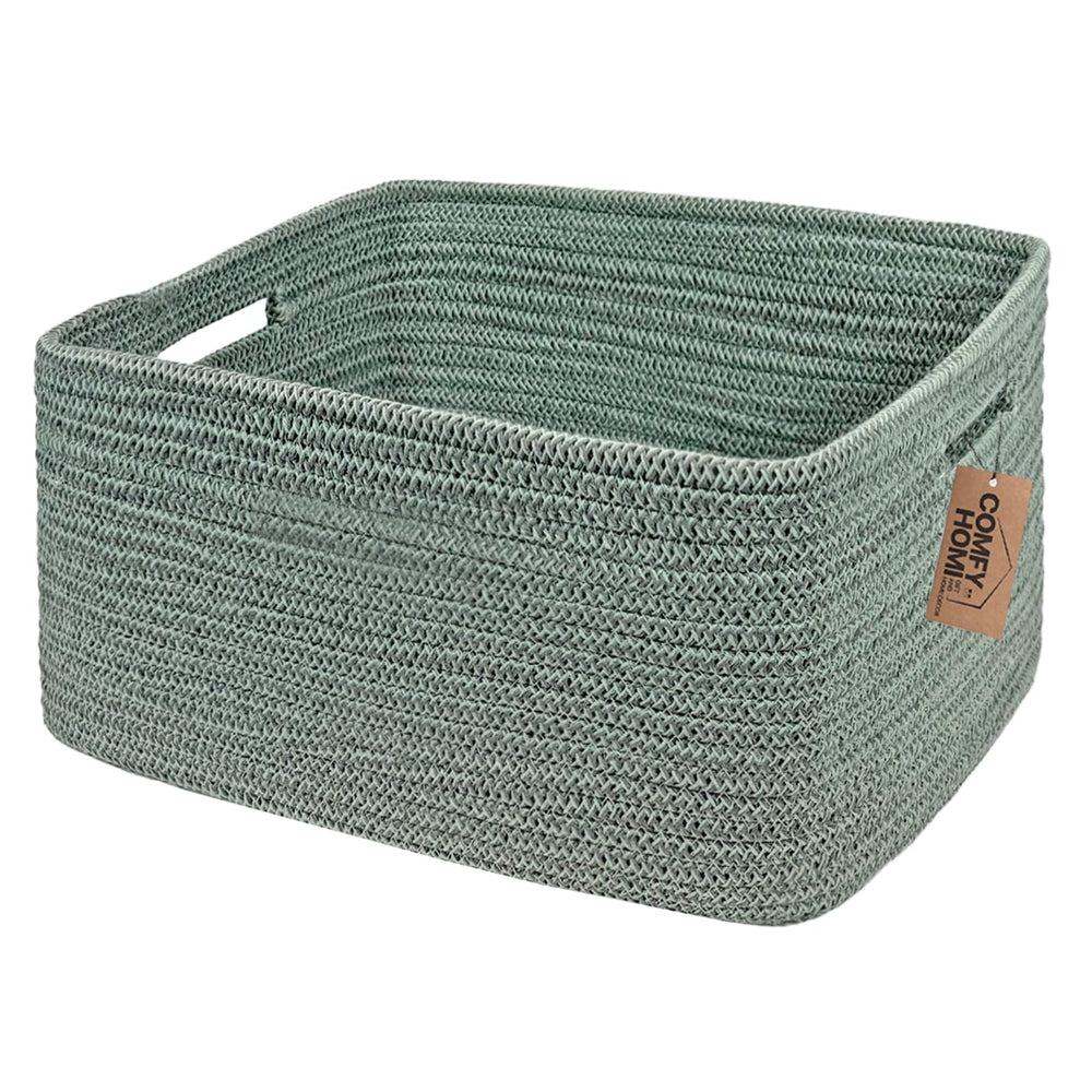 COMFY-HOMI cotton rope basket green front view demonstrates large storage for toys and linens